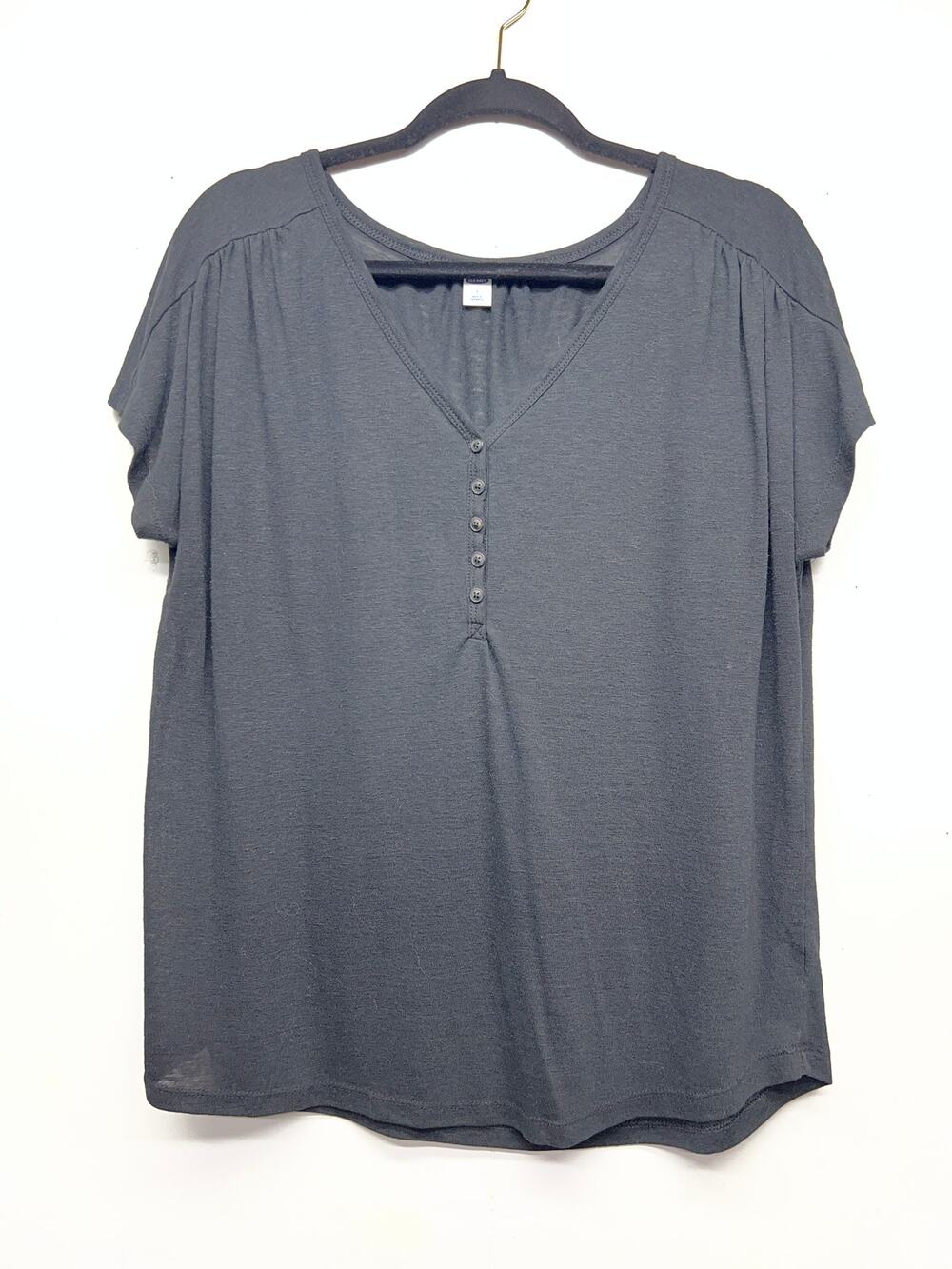 Old Navy Linen Blend Black Henley Top Women Large Minimalist Lightweight Capsule
